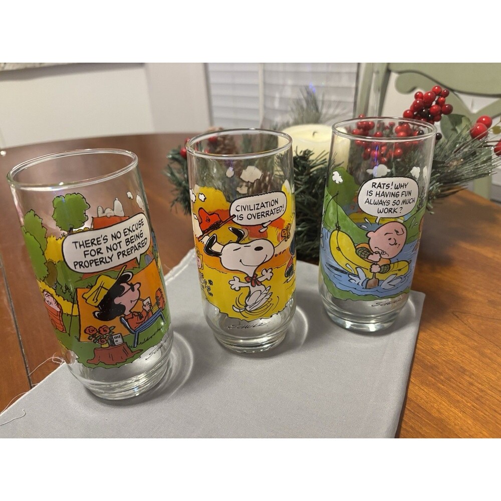 Lot Set of 3 Vintage Camp Snoopy McDonald's 6" Glass Tumblers Charlie Brown Lucy
